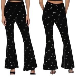 Avec Les Filles Black Velvet Floral Flare Bell Bottom Pants Size S